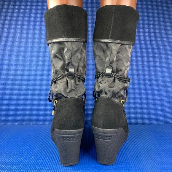🔴 COACH MAISY Women`s Size 8.5 Black Monogram Suede Leather Wedge Boots A7292