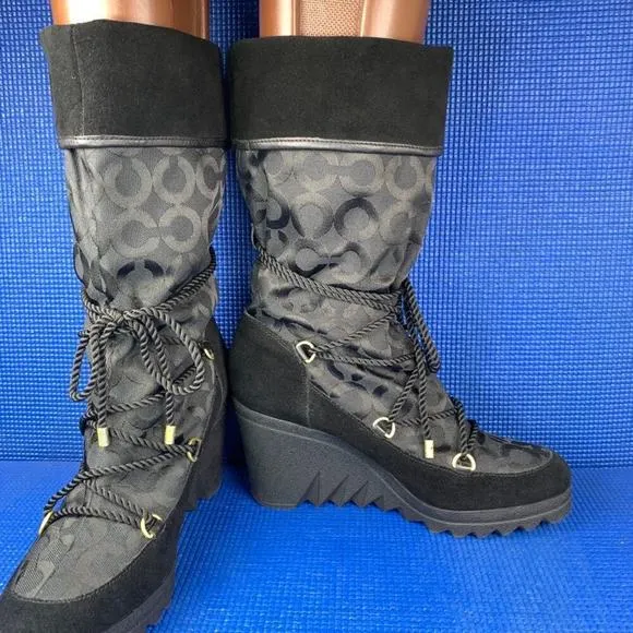 🔴 COACH MAISY Women`s Size 8.5 Black Monogram Suede Leather Wedge Boots A7292