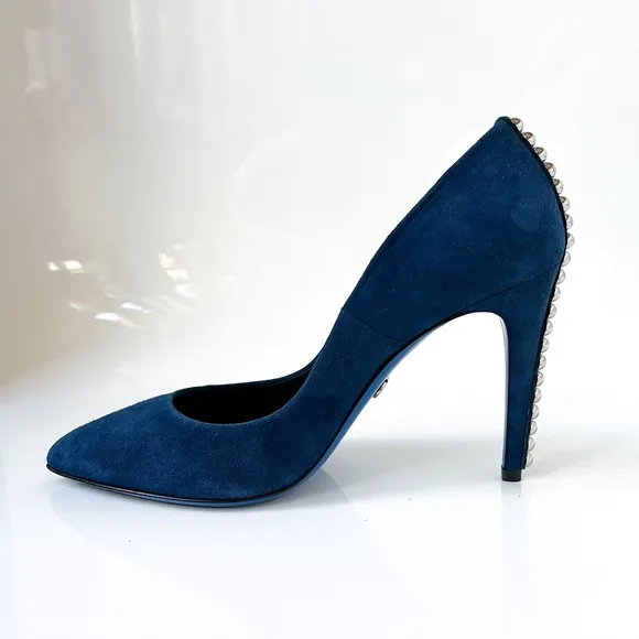 $499 Loriblu Italy Suede Blue Pumps Metal Accents High Heels Pointy Toe 40IT