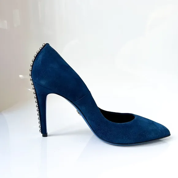 $499 Loriblu Italy Suede Blue Pumps Metal Accents High Heels Pointy Toe 40IT