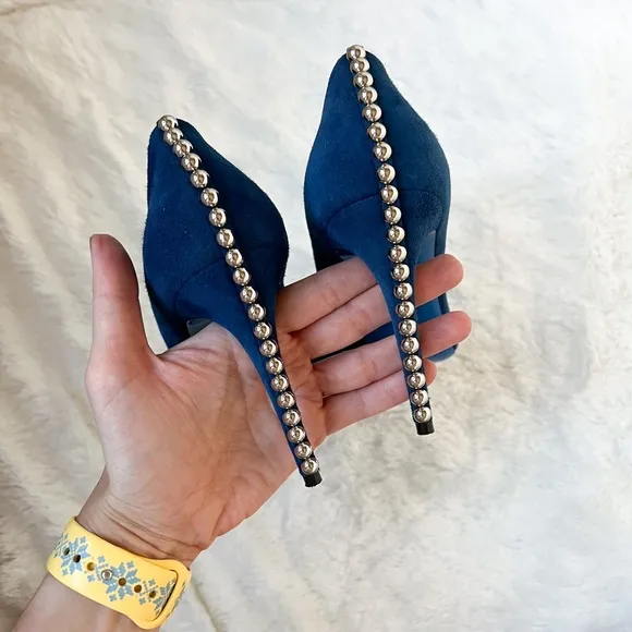 $499 Loriblu Italy Suede Blue Pumps Metal Accents High Heels Pointy Toe 40IT