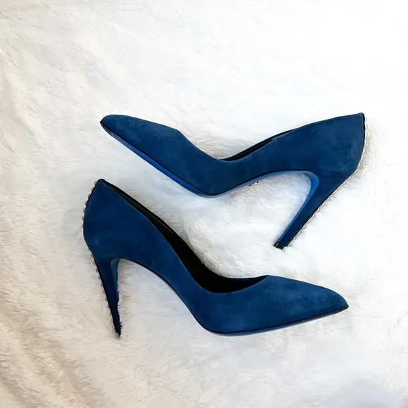 $499 Loriblu Italy Suede Blue Pumps Metal Accents High Heels Pointy Toe 40IT