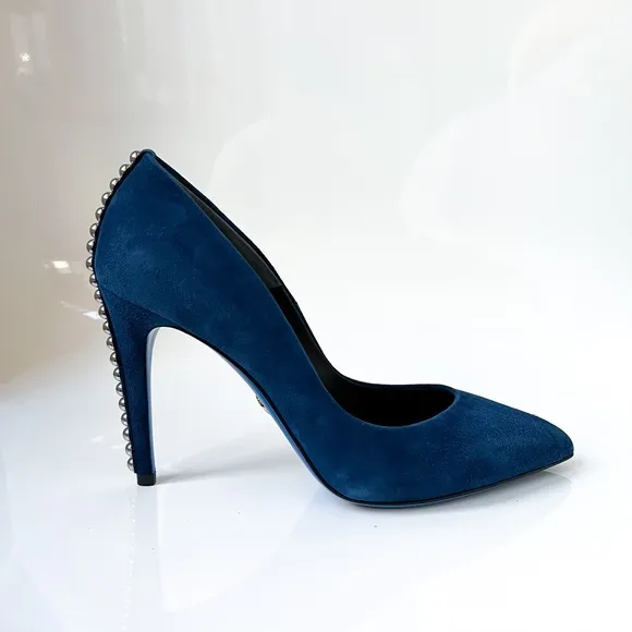 $499 Loriblu Italy Suede Blue Pumps Metal Accents High Heels Pointy Toe 40IT