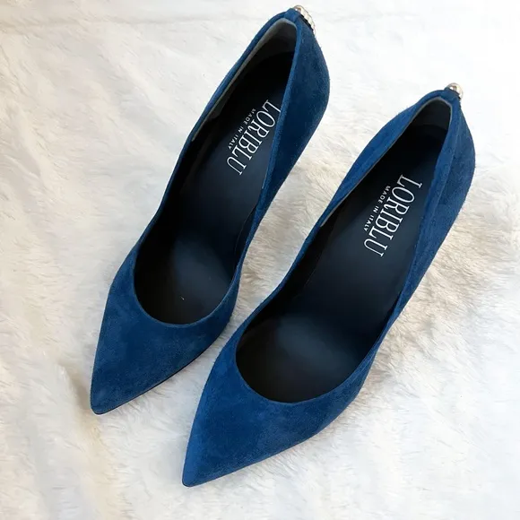 $499 Loriblu Italy Suede Blue Pumps Metal Accents High Heels Pointy Toe 40IT