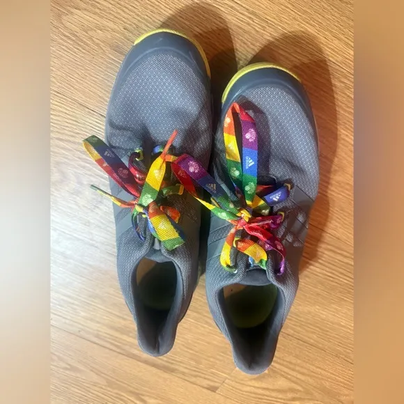 Adidas mens Gray Shoes with Rainbow Laces