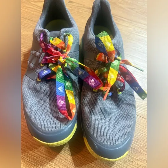 Adidas mens Gray Shoes with Rainbow Laces