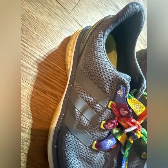 Adidas mens Gray Shoes with Rainbow Laces