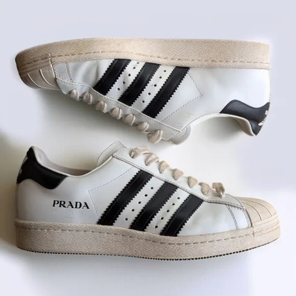 Adidas x PRADA Collab Cloud White &amp; Black Superstar Trainers Shoes Womens Sz 6