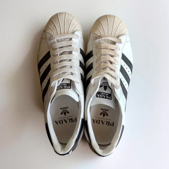 Adidas x PRADA Collab Cloud White &amp; Black Superstar Trainers Shoes Womens Sz 6