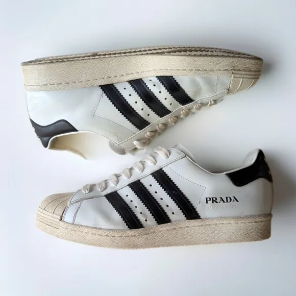Adidas x PRADA Collab Cloud White &amp; Black Superstar Trainers Shoes Womens Sz 6