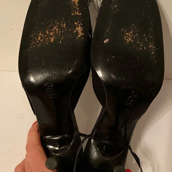 ADRIANA CARAS SHOES HEELS BLACK SUEDE LEATHER ANKLE WRAP ITALY SIZE 38 7.5