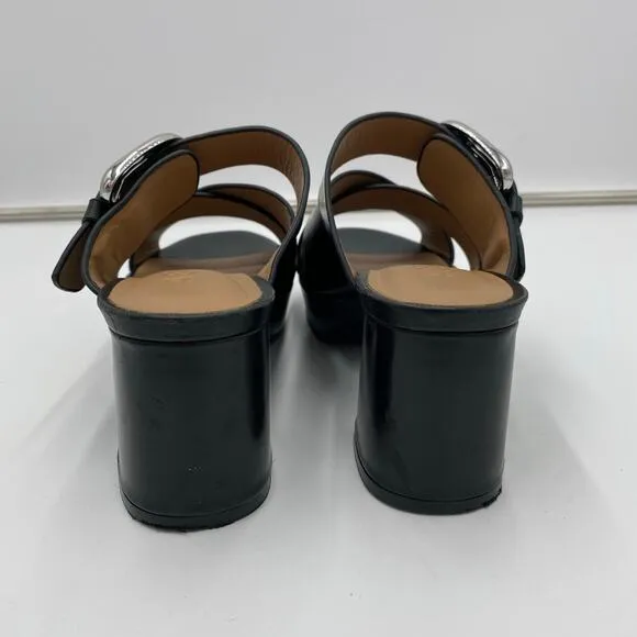 Aerosoles Women Black Leather Platform Big Buckle Collins Heeled Sandals Size 7