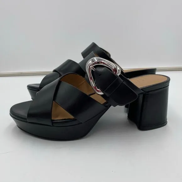 Aerosoles Women Black Leather Platform Big Buckle Collins Heeled Sandals Size 7