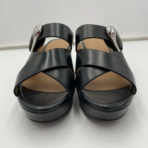 Aerosoles Women Black Leather Platform Big Buckle Collins Heeled Sandals Size 7