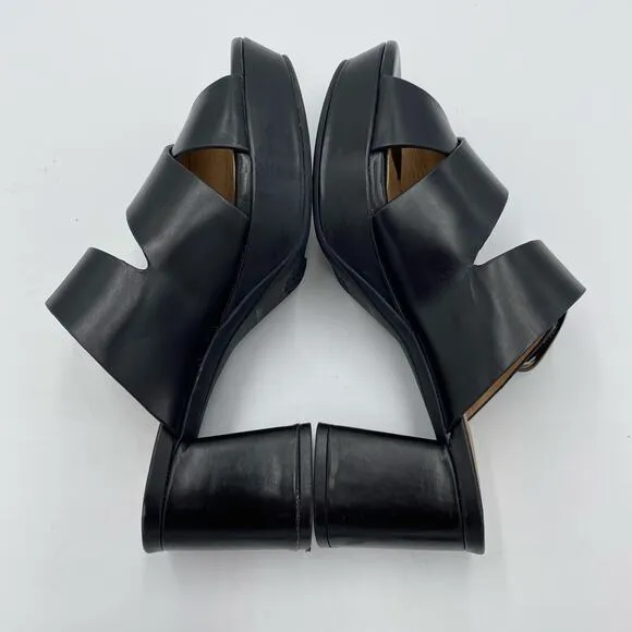 Aerosoles Women Black Leather Platform Big Buckle Collins Heeled Sandals Size 7