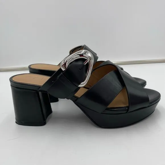 Aerosoles Women Black Leather Platform Big Buckle Collins Heeled Sandals Size 7