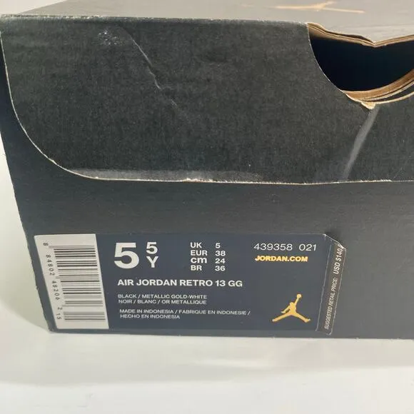 Air Jordan Retro 13 GG Sneakers Youth Size 5Y High Top Lace Up Black Gold White