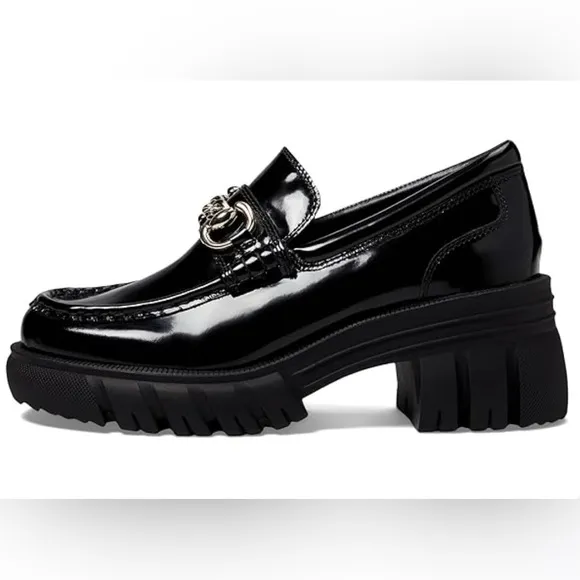 Aldo Black Patent Chunky Platform Loafers with Gold Chain and Lug Sole -8.5M