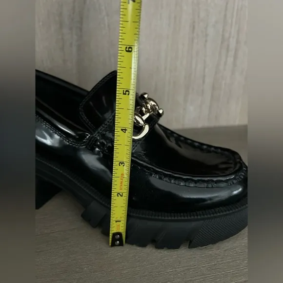 Aldo Black Patent Chunky Platform Loafers with Gold Chain and Lug Sole -8.5M