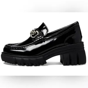 Aldo Black Patent Chunky Platform Loafers with Gold Chain and Lug Sole -8.5M