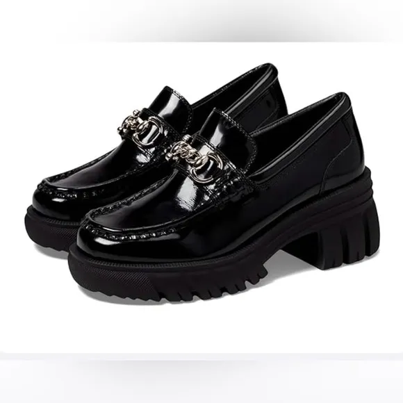 Aldo Black Patent Chunky Platform Loafers with Gold Chain and Lug Sole -8.5M
