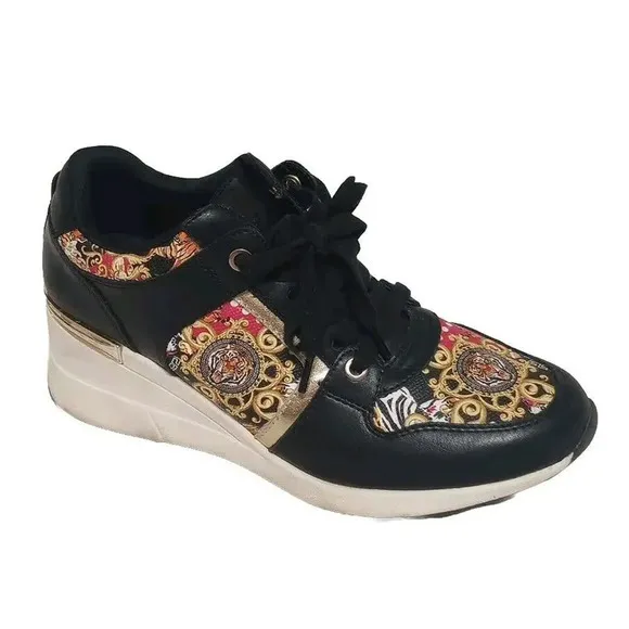 Aldo Wedge Sneakers Khloe platform Fashion Sneakers Sz 9 Tigar Black Gold Clean