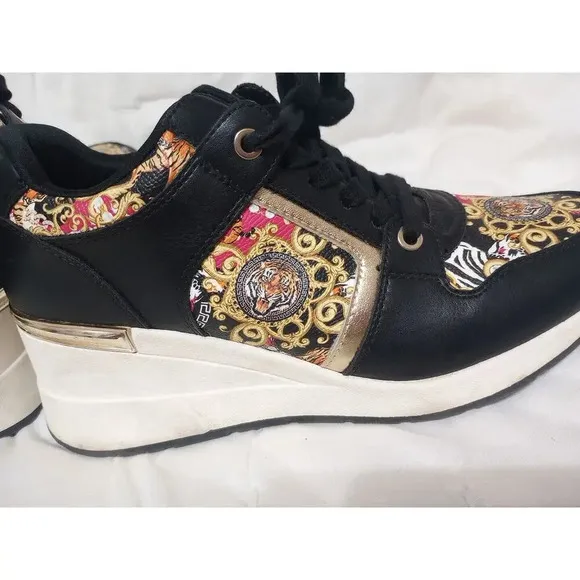 Aldo Wedge Sneakers Khloe platform Fashion Sneakers Sz 9 Tigar Black Gold Clean