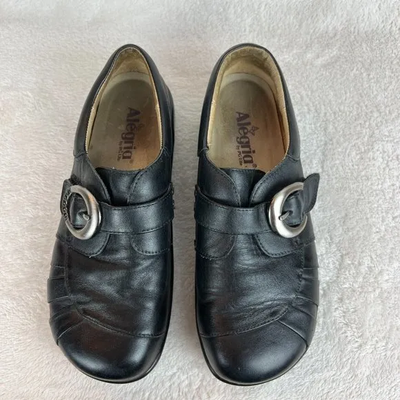 Alegria Leather Shoes 9/9.5 Womens 39 EU Khloe Black‎ Nappa Buckle Wedge