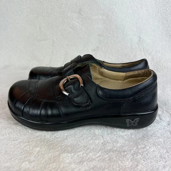 Alegria Leather Shoes 9/9.5 Womens 39 EU Khloe Black‎ Nappa Buckle Wedge