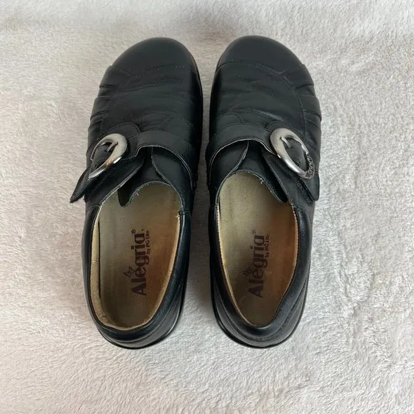 Alegria Leather Shoes 9/9.5 Womens 39 EU Khloe Black‎ Nappa Buckle Wedge