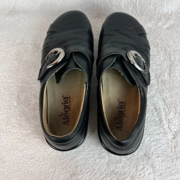 Alegria Leather Shoes 9/9.5 Womens 39 EU Khloe Black‎ Nappa Buckle Wedge