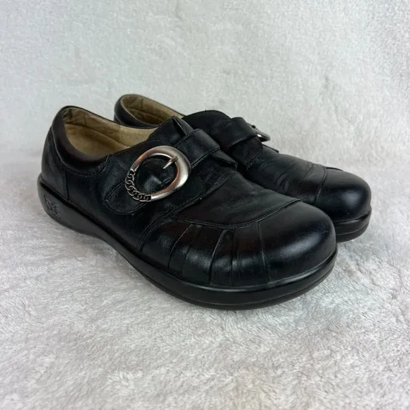 Alegria Leather Shoes 9/9.5 Womens 39 EU Khloe Black‎ Nappa Buckle Wedge