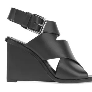 Alexander Wang Black Leather Elisa Wedge Platform Buckle Sandal Shoe Size 8