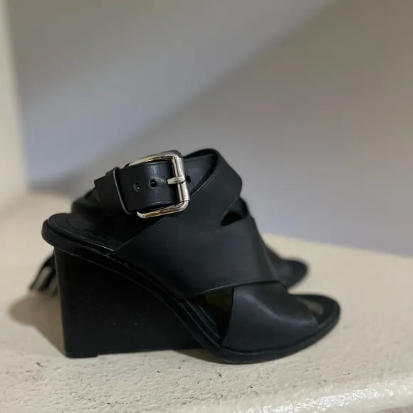 Alexander Wang Black Leather Elisa Wedge Platform Buckle Sandal Shoe Size 8