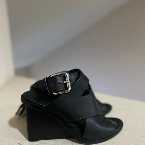 Alexander Wang Black Leather Elisa Wedge Platform Buckle Sandal Shoe Size 8