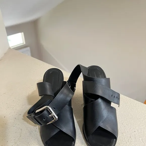 Alexander Wang Black Leather Elisa Wedge Platform Buckle Sandal Shoe Size 8
