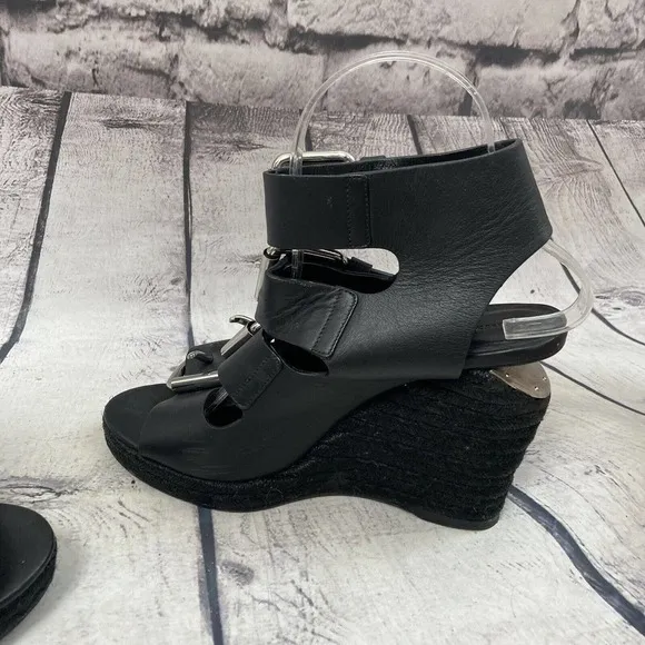 Alexander Wang Shoes Womens 37 Black Leather Jute‎ Wedge Sandal Buckle Closure