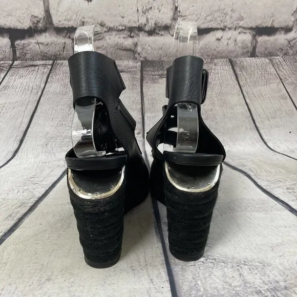 Alexander Wang Shoes Womens 37 Black Leather Jute‎ Wedge Sandal Buckle Closure