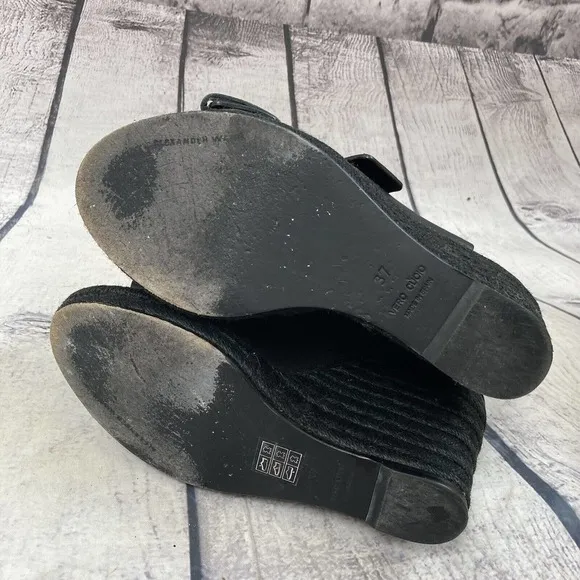 Alexander Wang Shoes Womens 37 Black Leather Jute‎ Wedge Sandal Buckle Closure