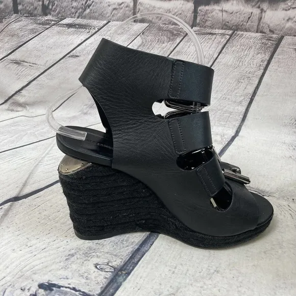 Alexander Wang Shoes Womens 37 Black Leather Jute‎ Wedge Sandal Buckle Closure