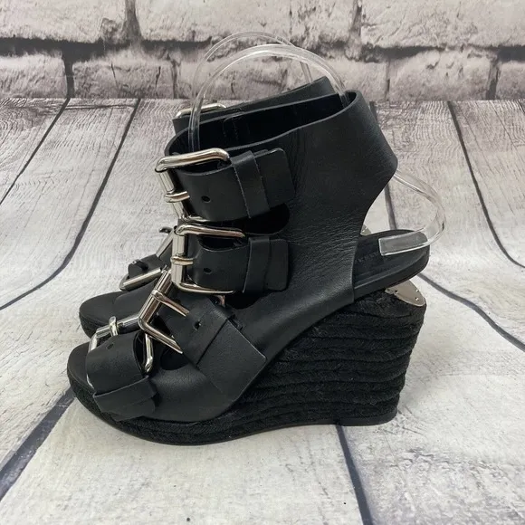 Alexander Wang Shoes Womens 37 Black Leather Jute‎ Wedge Sandal Buckle Closure