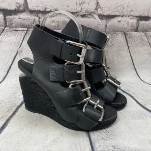 Alexander Wang Shoes Womens 37 Black Leather Jute‎ Wedge Sandal Buckle Closure