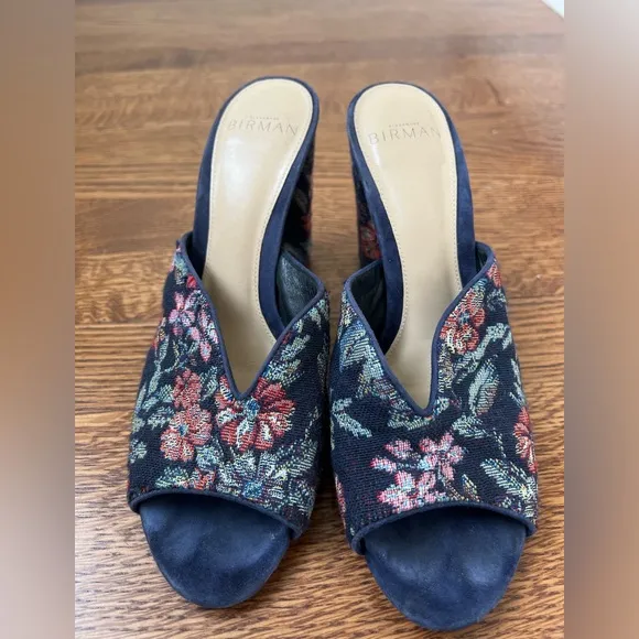 ALEXANDRE BIRMAN Georgia Brocade Mules Navy Floral Heeled Woven Tapestry 36.5