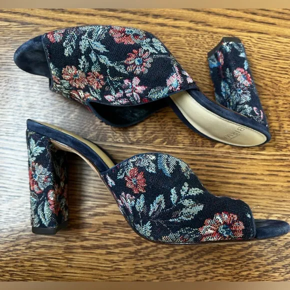 ALEXANDRE BIRMAN Georgia Brocade Mules Navy Floral Heeled Woven Tapestry 36.5