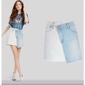 Alice   Olivia Denim Two Tone Color Block Raw Hem Mini Skirt