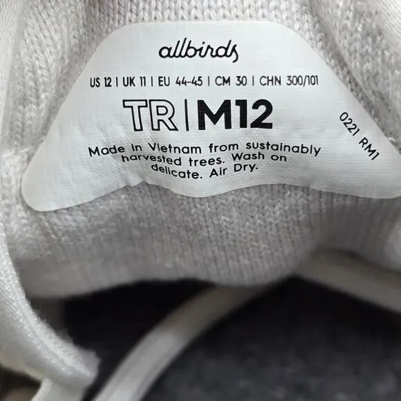 Allbirds Tree Runners Shoes Men's 12 White Low Top Lace Up Athletic Sneakers