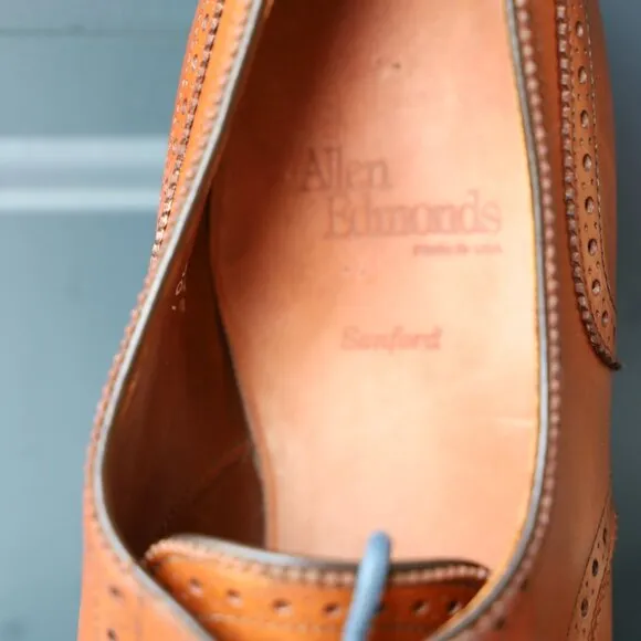 Allen Edmonds 10.5-D Sanford Cognac Brown Mens Cap Toe Derby Dress Shoes