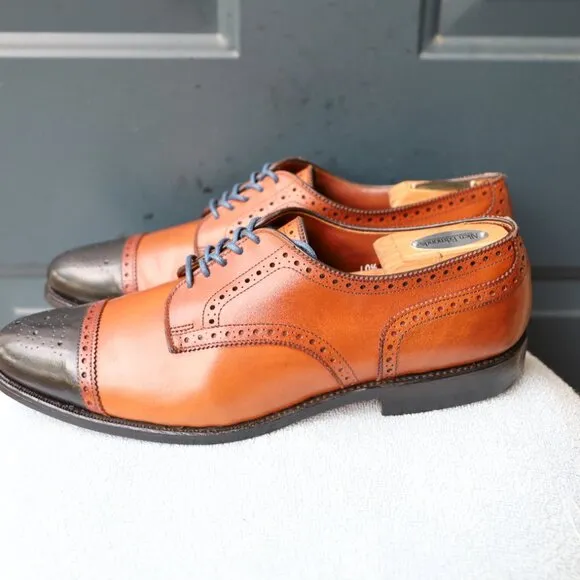 Allen Edmonds 10.5-D Sanford Cognac Brown Mens Cap Toe Derby Dress Shoes