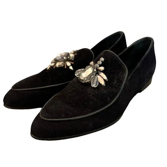 ALLSAINTS Black Velvet Flats Rhinestones Excellent 37 Glam Whimsigoth Holiday