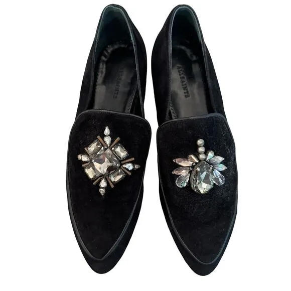 ALLSAINTS Black Velvet Flats Rhinestones Excellent 37 Glam Whimsigoth Holiday